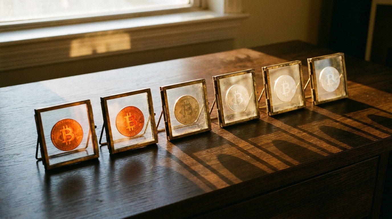 A horizontal timeline of six small brass frames on a dark wooden desk, each frame holding a Bitcoin coin; the coins gradually fade from bright orange to pale ghost-white from left to right