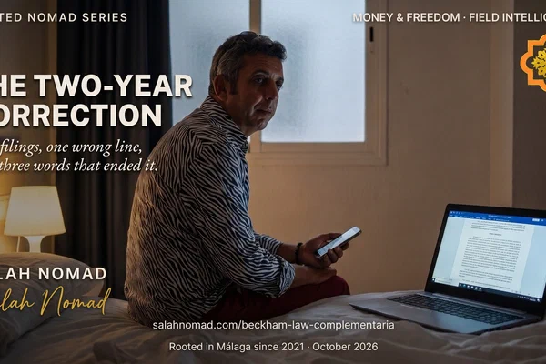 A man in a black-and-white striped shirt seated at a hotel-room desk at night, laptop screen casting cool light on his profile, charcoal curtain drawn at his left.
