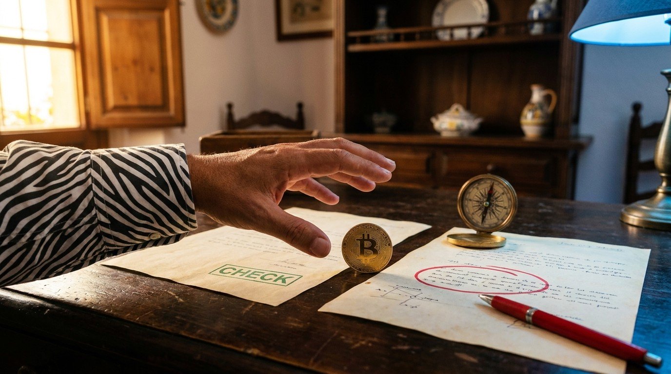 Two documents side by side on a wooden desk: one marked with a green check stamp, the other circled in red, a Bitcoin coin between them