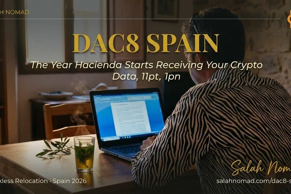 Salah Nomad seen from behind in a Málaga study, laptop screen glowing blue, mint tea steaming, golden sunset light pouring through the window — the moment of reading the DAC8 compliance email