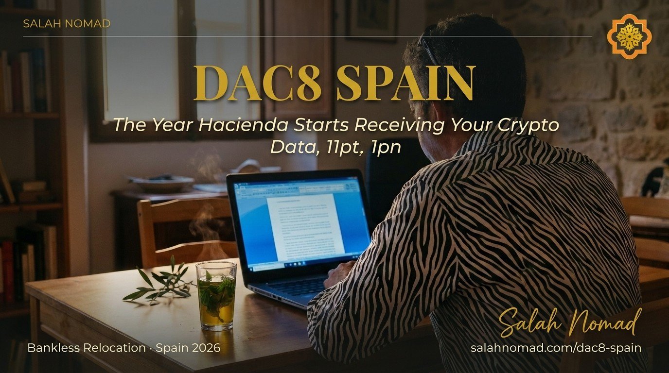 Salah Nomad seen from behind in a Málaga study, laptop screen glowing blue, mint tea steaming, golden sunset light pouring through the window — the moment of reading the DAC8 compliance email