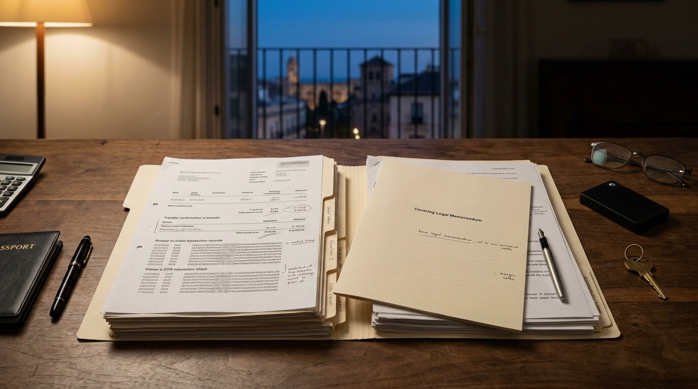 A cream archival folder open on a walnut desk at blue hour, containing a thick printed sourcing file with a covering memorandum on top and five subtle gaps in the chronology.