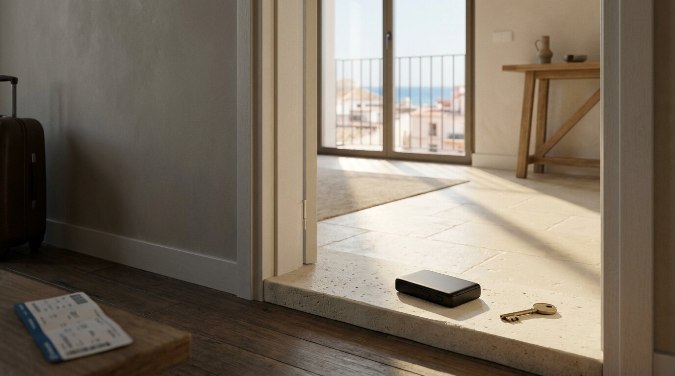 A matte-black hardware crypto wallet resting on a limestone threshold between a cooler foreign room and a warmer Spanish room, with a single brass key on the Spanish side.