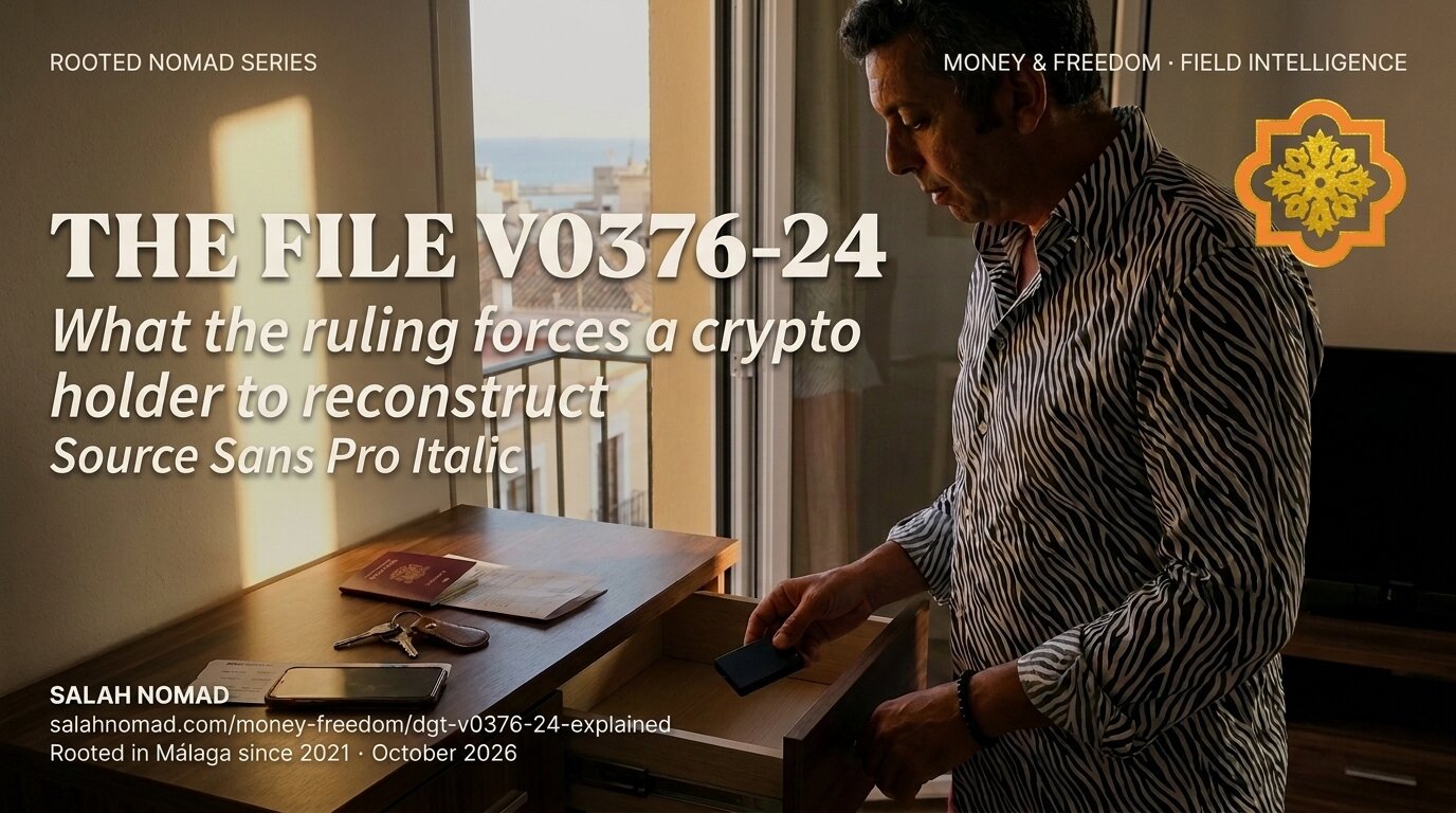 A small matte-black hardware crypto wallet being placed into a walnut drawer in a Málaga apartment at late afternoon, split by a hard architectural line of Mediterranean sunlight.