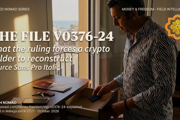 A small matte-black hardware crypto wallet being placed into a walnut drawer in a Málaga apartment at late afternoon, split by a hard architectural line of Mediterranean sunlight.