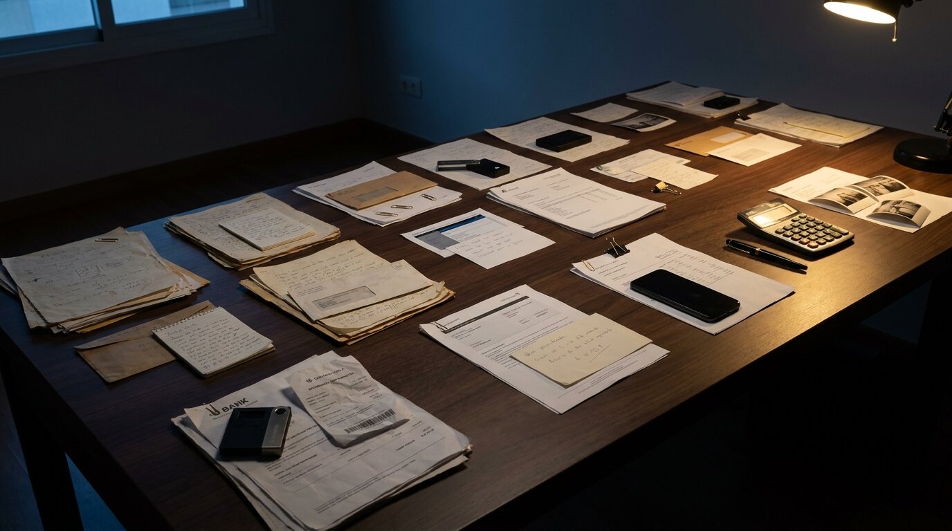 A dark walnut desk at night covered with twenty-three distinct evidence clusters of printed statements, wallet records, handwritten notes, and hardware wallets under a single warm desk lamp.