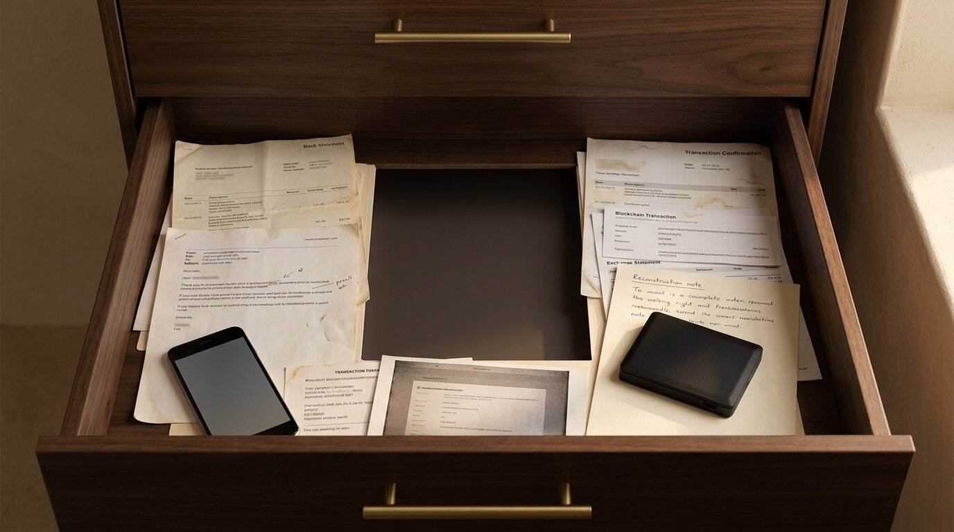 An open archival drawer in a Mediterranean study with surviving financial records arranged around a precise empty rectangular space where the missing document should sit.