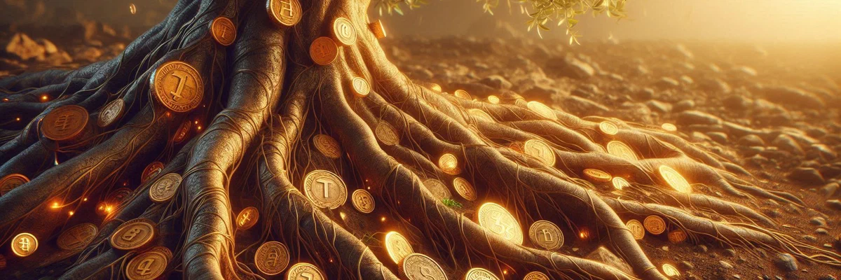 A conceptual image for 'Money & Freedom': a thriving, ancient olive tree whose deep, intricate roots are intertwined with antique and modern coins, symbolizing deep, resilient, and diversified wealth.