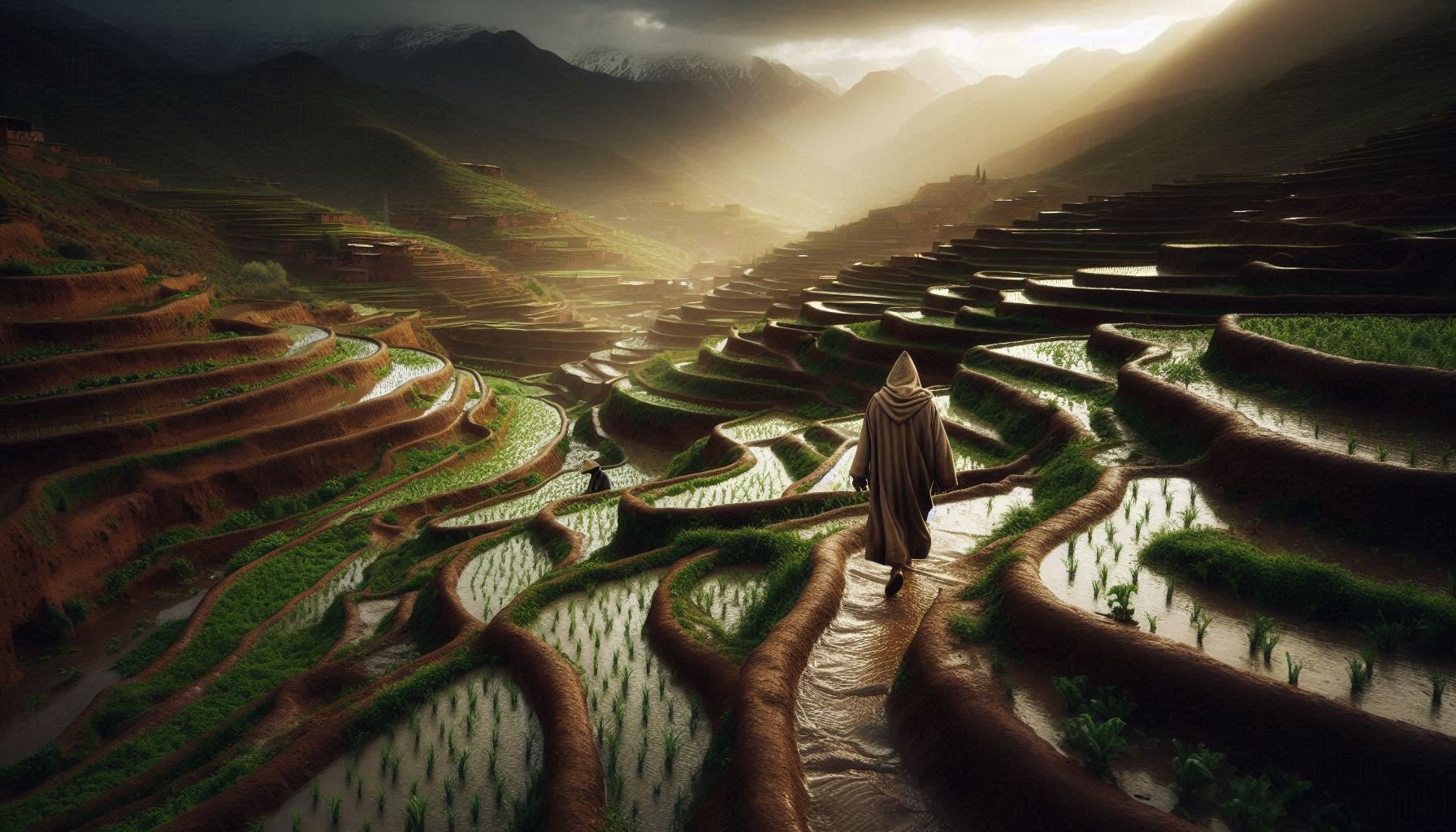 Rain falling on ancient, carefully constructed agricultural terraces in the Jbala mountains near Tattofte, Morocco