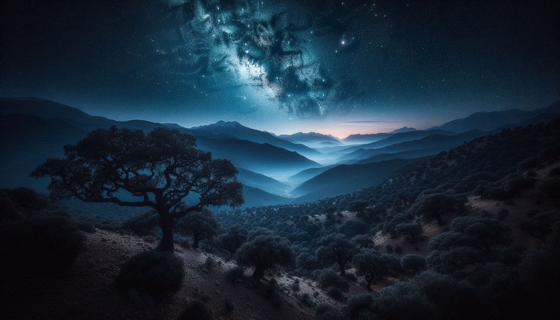 The Milky Way galaxy shining brightly over the silhouetted Jbala mountains, with a single window lit by a warm candle in the foreground