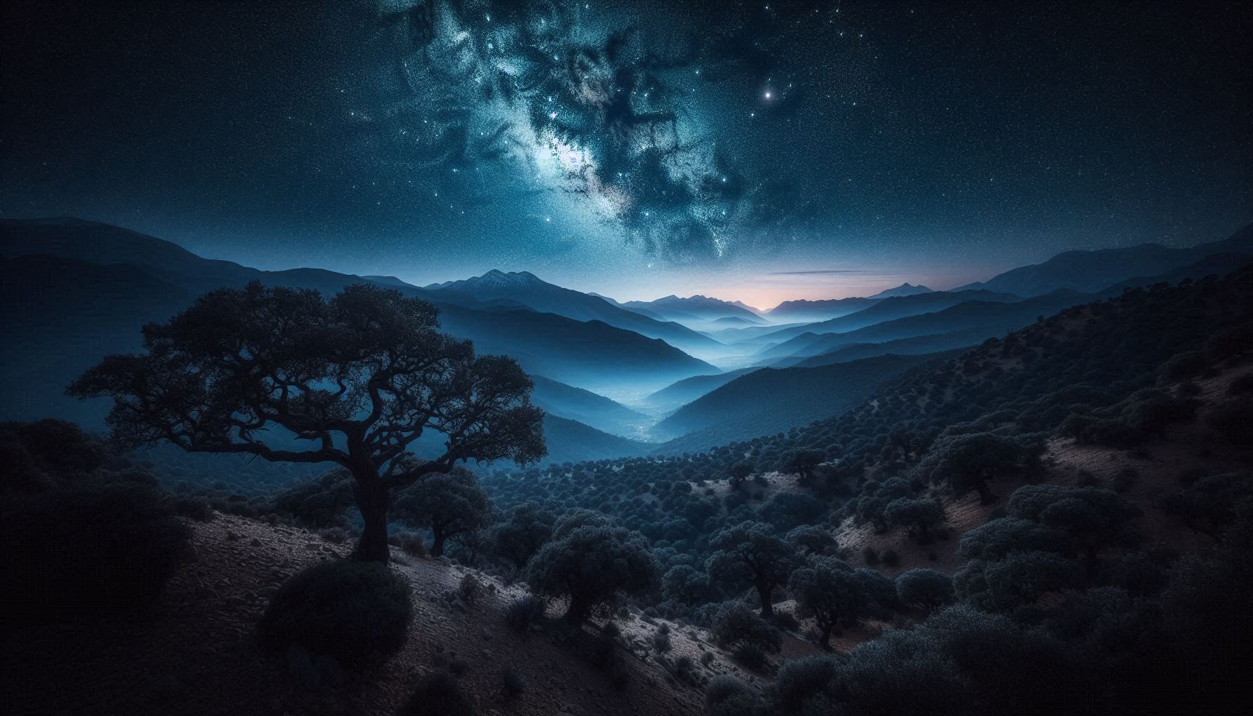 The Milky Way galaxy shining brightly over the silhouetted Jbala mountains, with a single window lit by a warm candle in the foreground