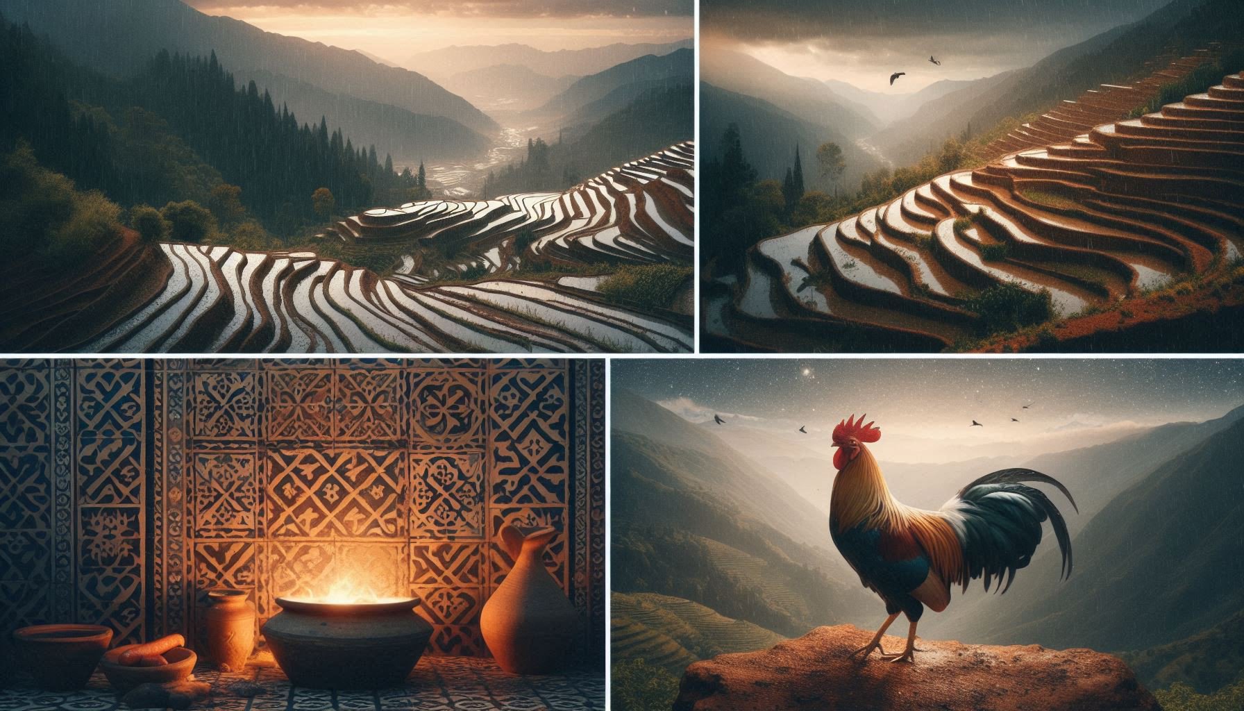 Four elements of Jbala resilience: rain terraces, clay cooking pot, rooster at dawn, and mountain night in Tattofte, Morocco