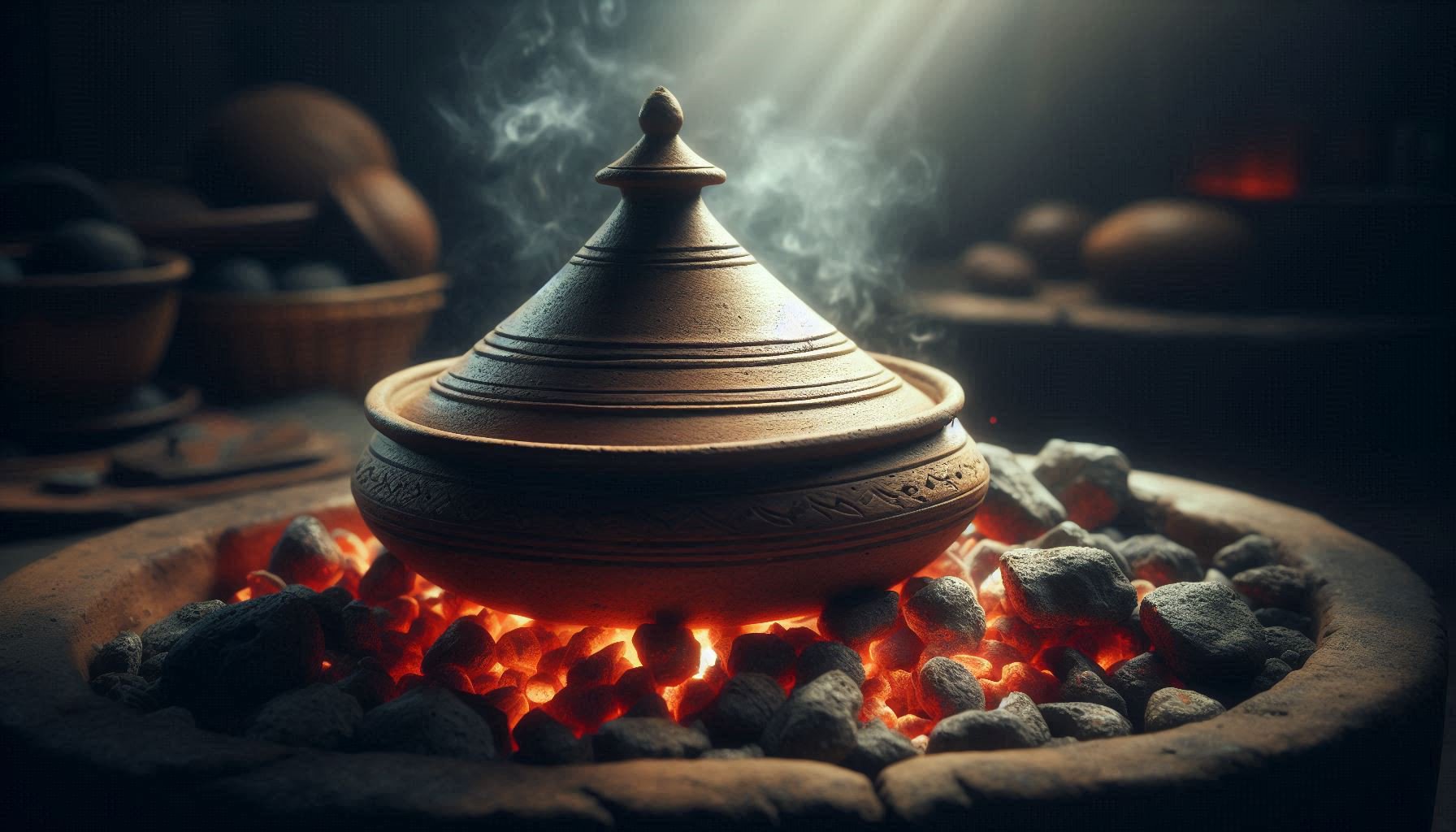 A traditional, rustic Jbala tagra, a conical clay cooking pot, simmering gently over a charcoal fire