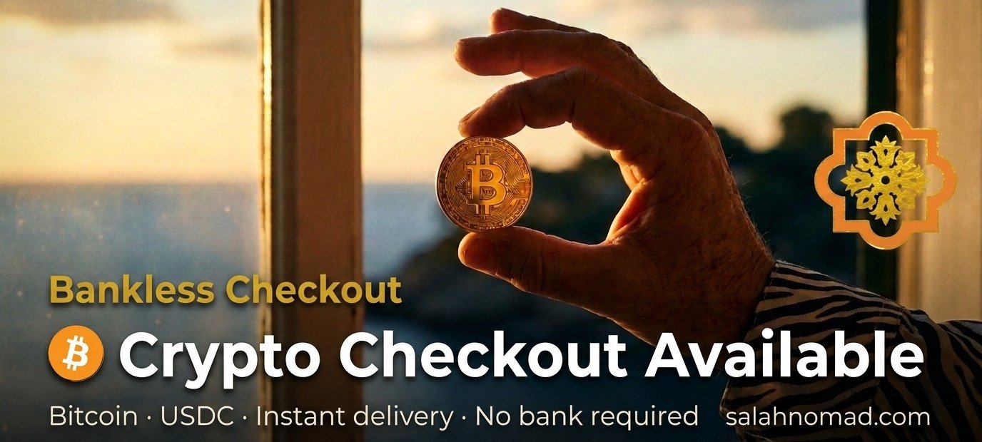 Crypto Checkout Available — Bitcoin and USDC accepted for instant PDF delivery, no bank required, at Salah Nomad's Mediterranean Codex guides