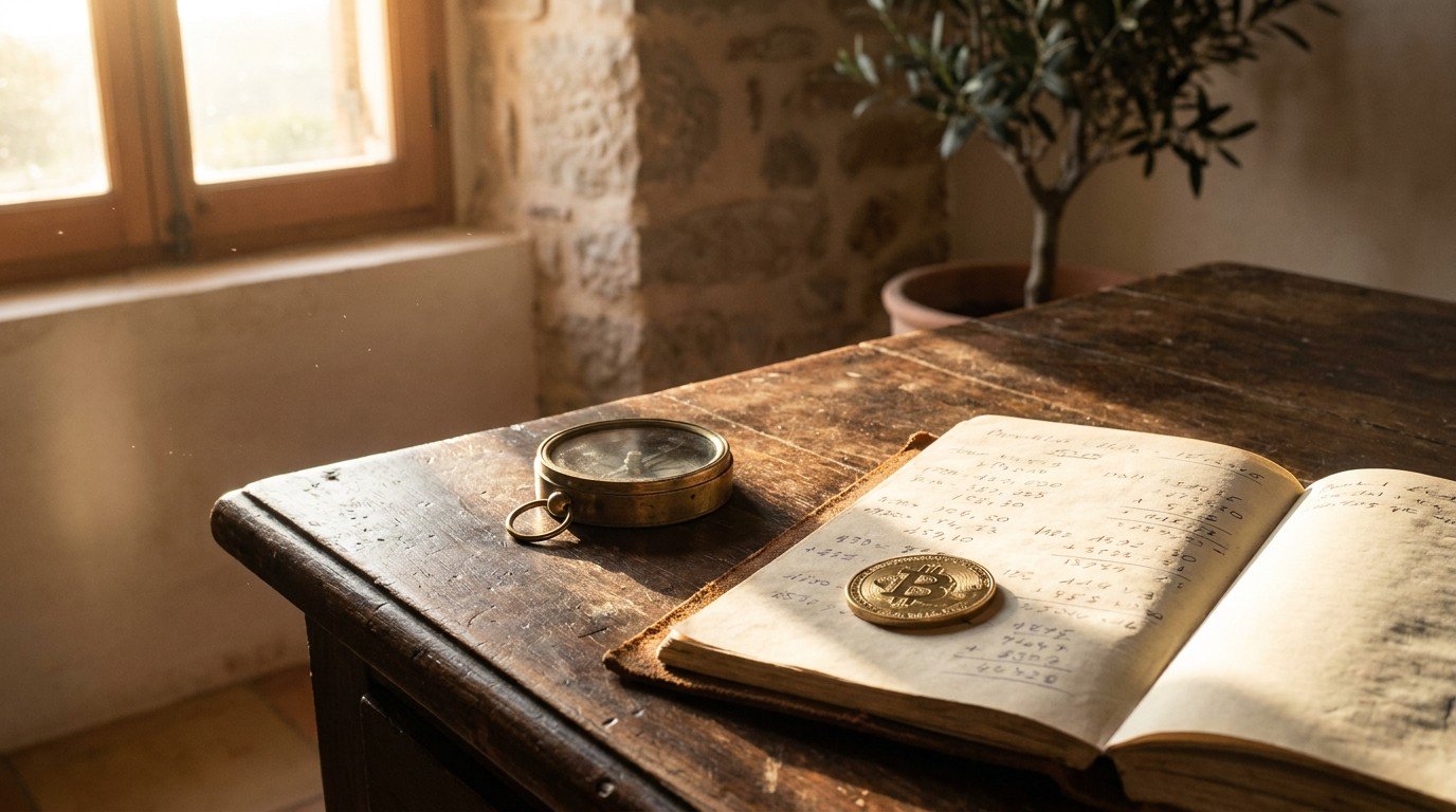 A brass compass, a leather-bound ledger, and a Bitcoin coin on a wooden desk — fiscal sovereignty