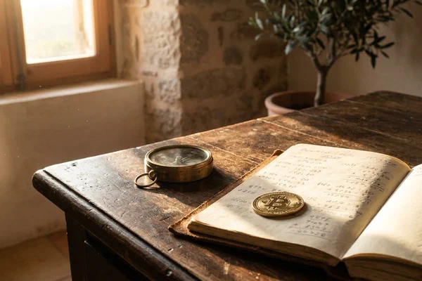 A brass compass, a leather-bound ledger, and a Bitcoin coin on a wooden desk — fiscal sovereignty