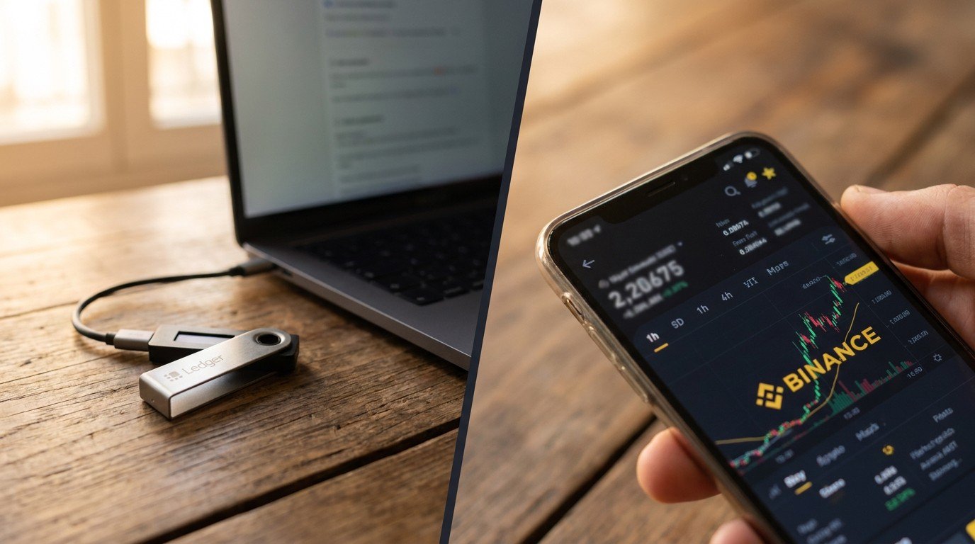 Split image: a Ledger hardware wallet on the left, a smartphone showing Binance app on the right