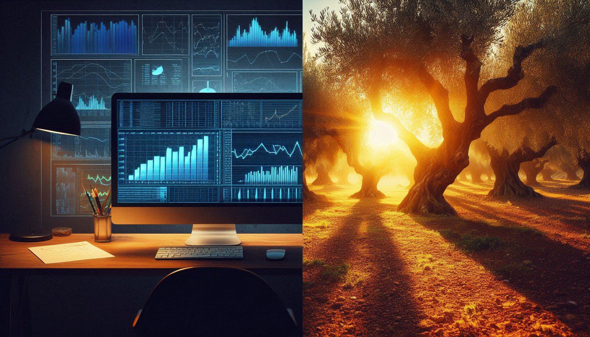 Split image comparing stark financial spreadsheet with sun-drenched olive grove, symbolizing two philosophies of wealth