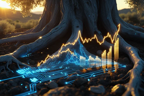 Ancient olive tree roots intertwined with glowing digital financial growth circuits representing resilient economic ecosystem