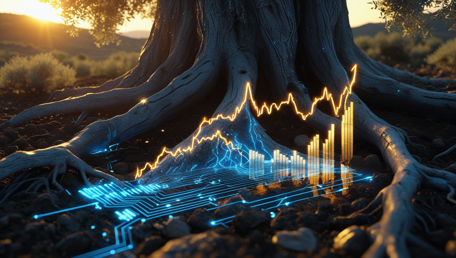 Ancient olive tree roots intertwined with glowing digital financial growth circuits representing resilient economic ecosystem