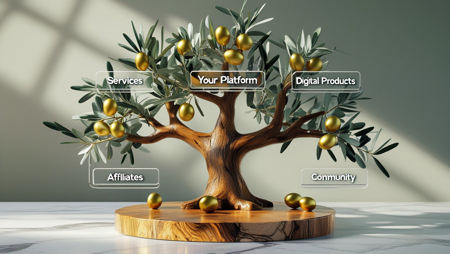 Four-pillar income streams infographic - services, digital products, affiliates, community - olive tree economy