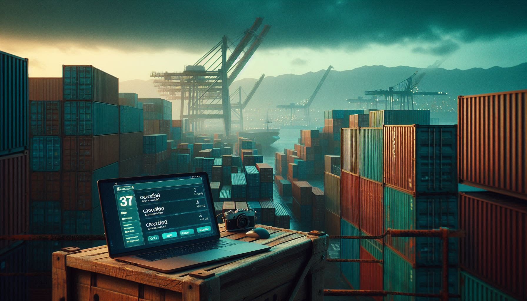 Deserted Tangier port during COVID-19 lockdown with stacked shipping containers and a laptop on a crate showing multiple cancellation emails