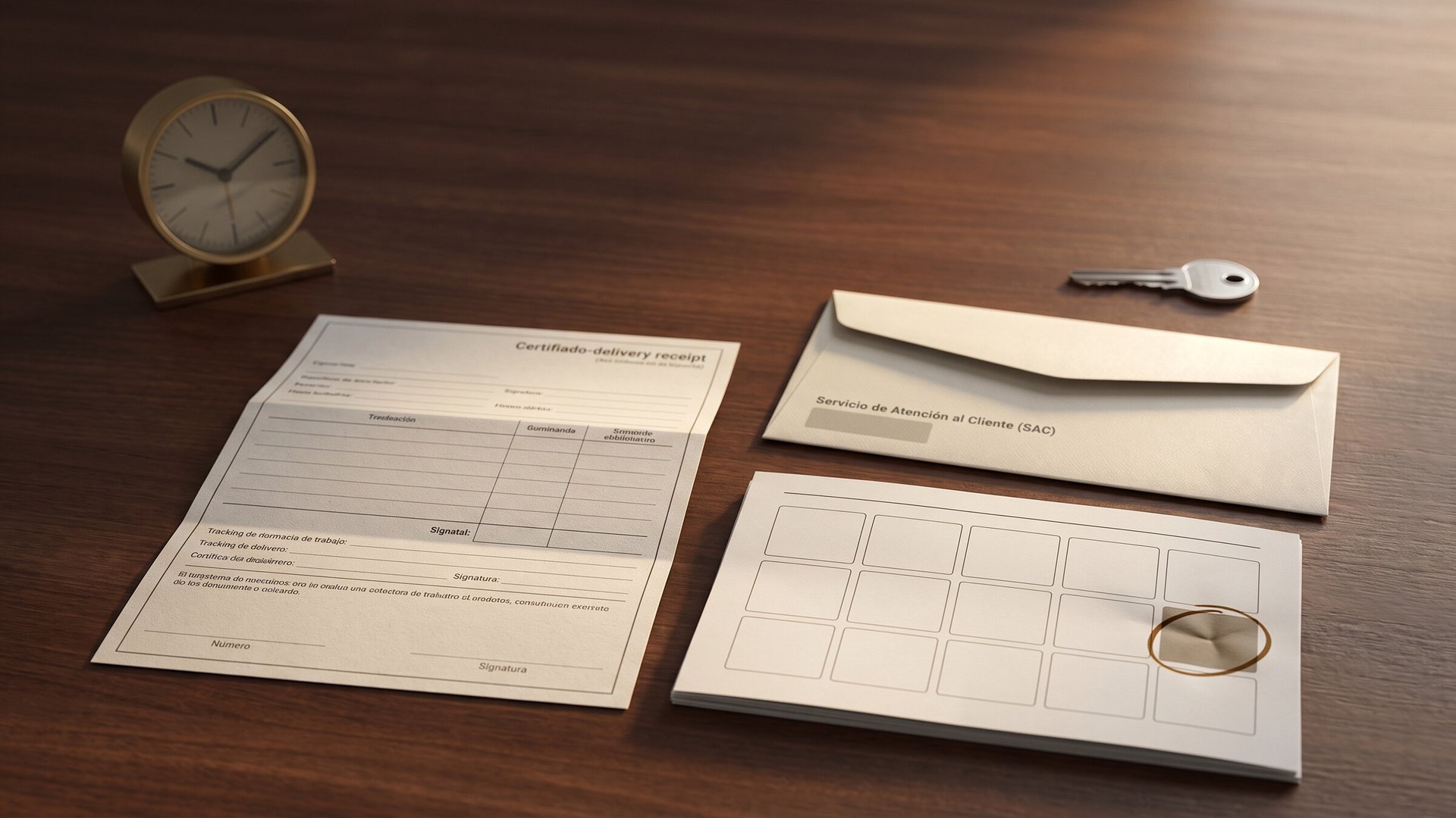 A two-week paper calendar on a warm wooden desk with the final square of the second week marked by a subtle darkened paper crease and a dark amber pencil circle, beside a certified Burofax receipt and a brushed steel key.