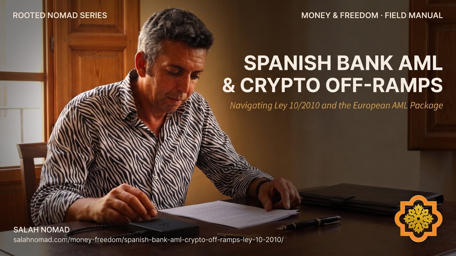 Salah Nomad at a dark olive wood desk in a Málaga townhouse, reviewing a Spanish AML compliance dossier beside a matte black hardware wallet.