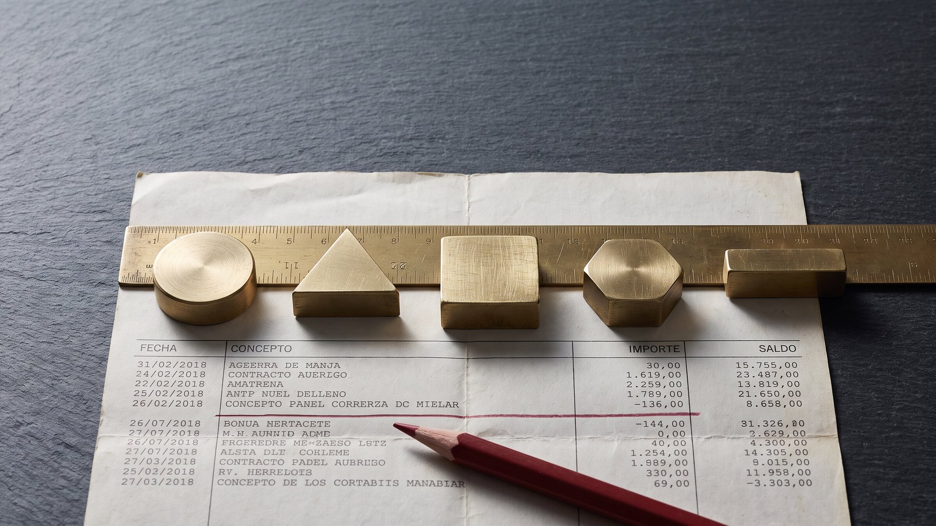 Five solid brass markers with simple geometric silhouettes — circle, triangle, square, hexagon, rectangle — arranged along a vintage brass ruler on a Spanish bank statement laid flat on dark slate.
