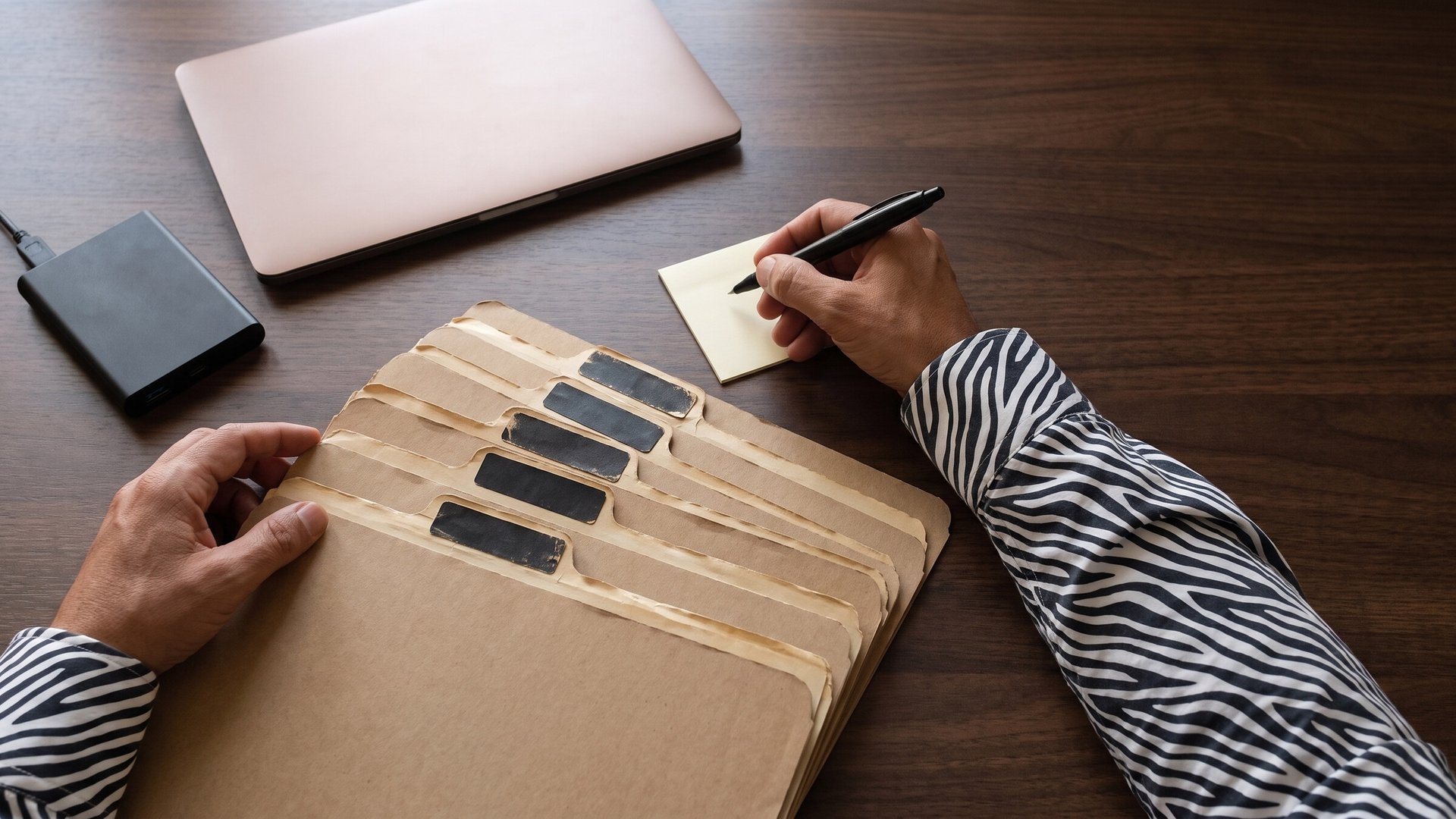 Salah Nomad's hands in zebra-striped shirt sleeves organising seven kraft-paper folders in a stepped fan on a dark walnut desk, each folder bearing a visible numbered tab, beside a matte black hardware wallet.