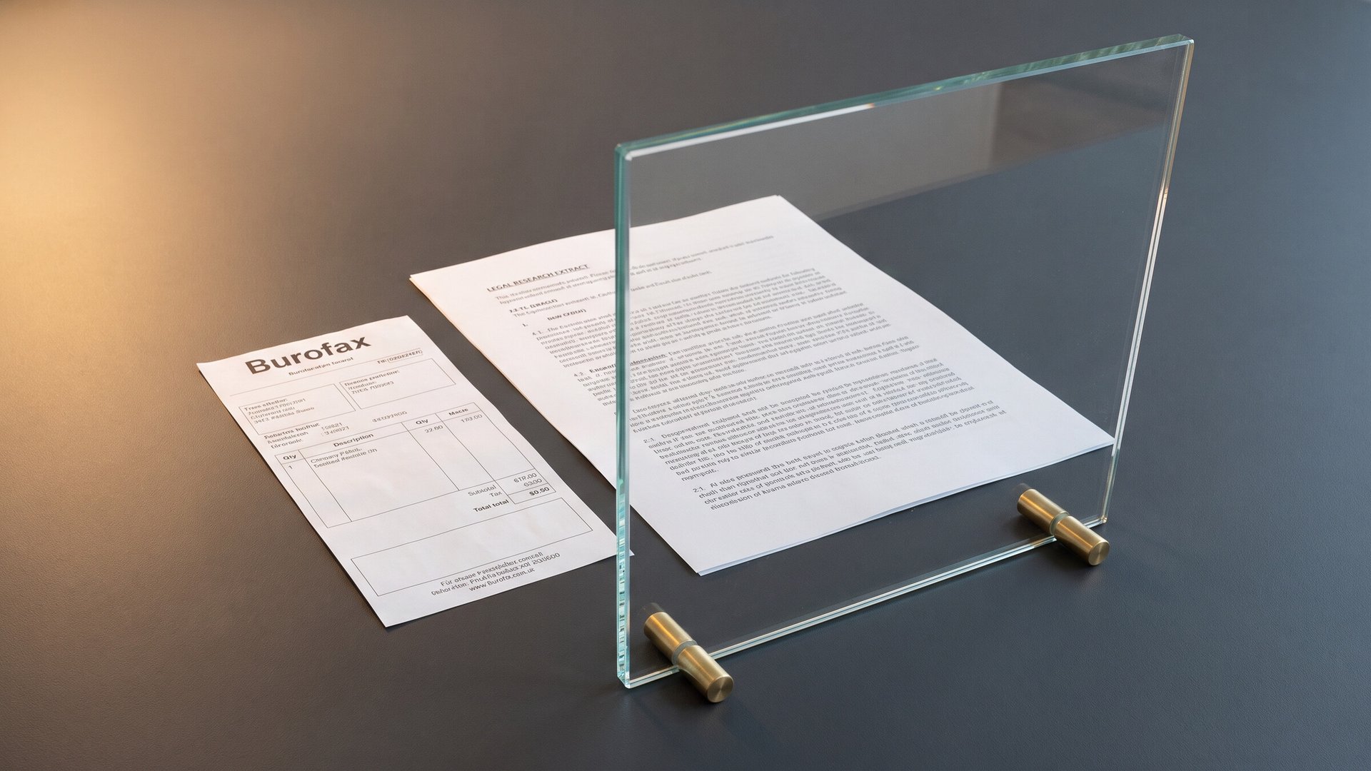 A small transparent glass panel standing upright on a graphite desk between a crisp Burofax receipt and a blurred legal document, warm directional light revealing the physical barrier between the two papers.