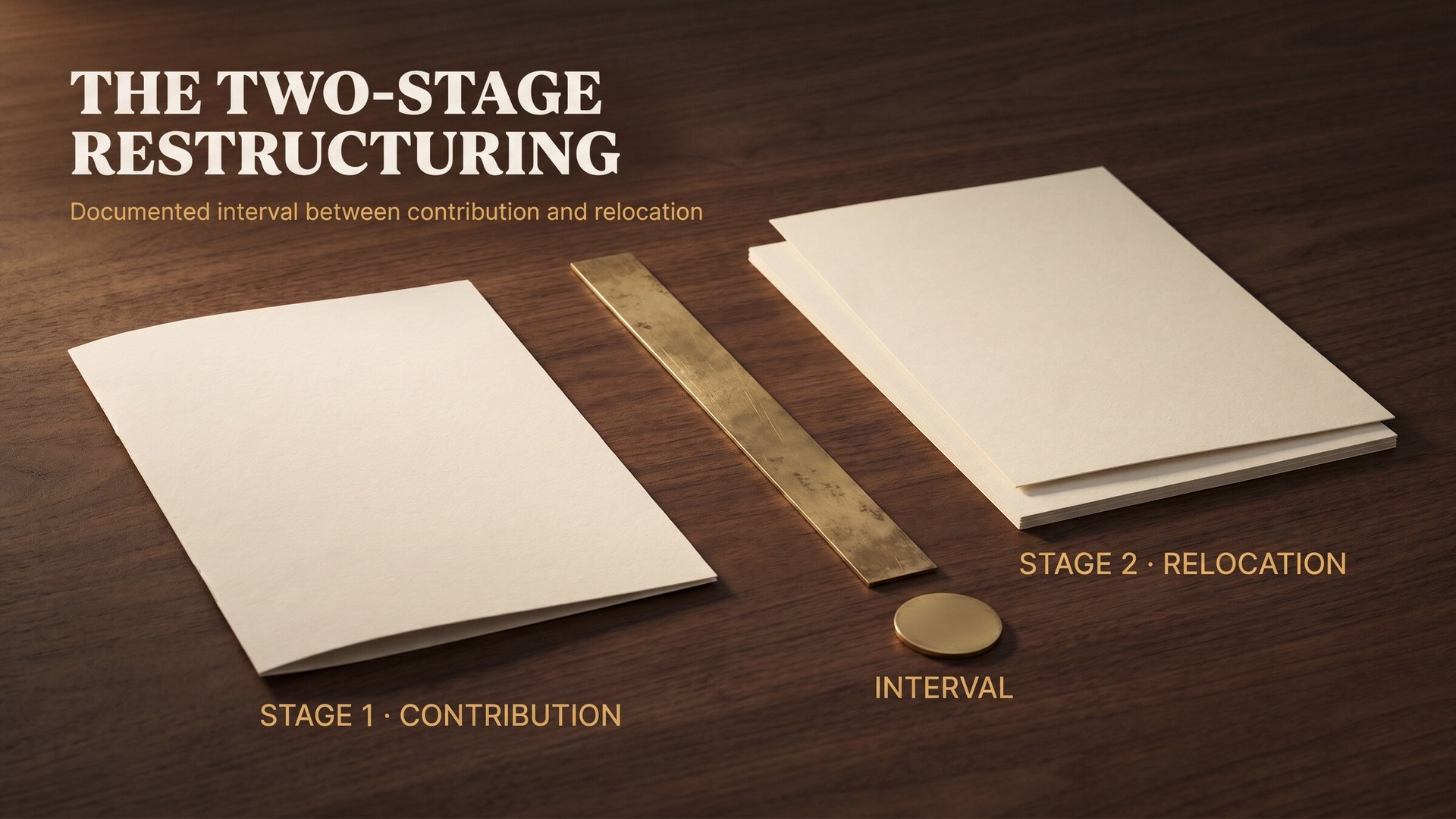 A folded cream sheet on the left and a two-sheet staggered cream stack on the right on dark oiled walnut, separated by a visible gap crossed by a thin aged-brass strip ending near a small blank brass disc.