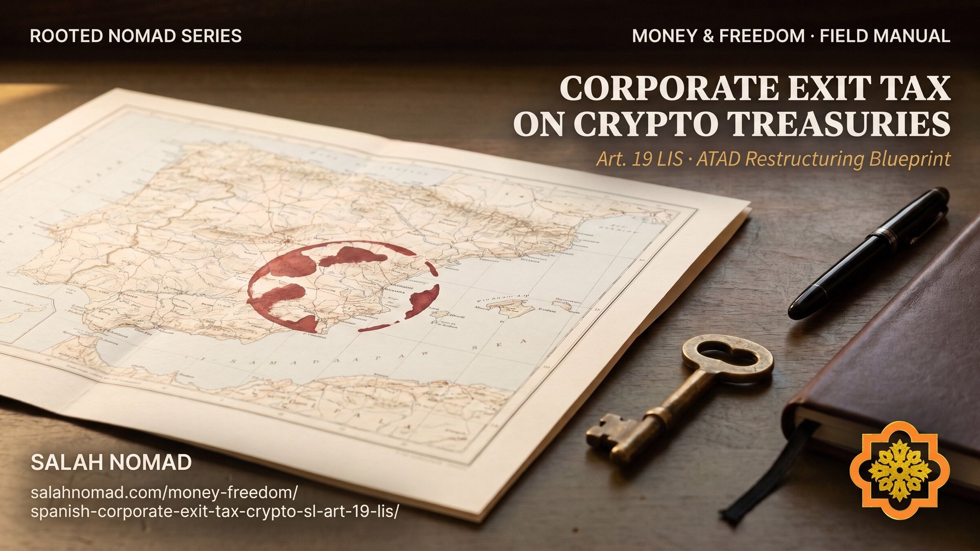 An engraved map of Spain on cream cotton paper under partial oxblood stamp, beside a heavy unpolished brass key and a closed dark leather corporate ledger on a walnut desk.