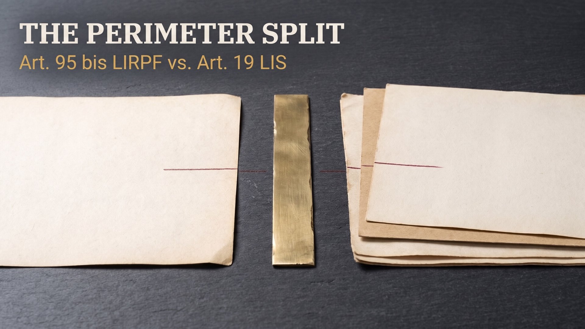 A single aged cream paper sheet on the left and a staggered three-sheet kraft stack on the right, separated by a brushed-brass strip on dark charcoal slate, with a restrained oxblood pencil stroke stopping on each side of the divider.