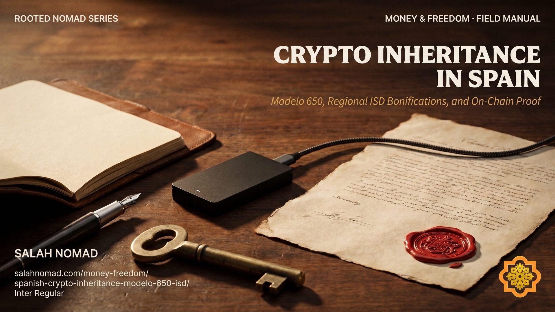 A parchment will with a raised red wax notary seal on a dark walnut desk, beside a solid brass key and a matte black hardware crypto wallet.