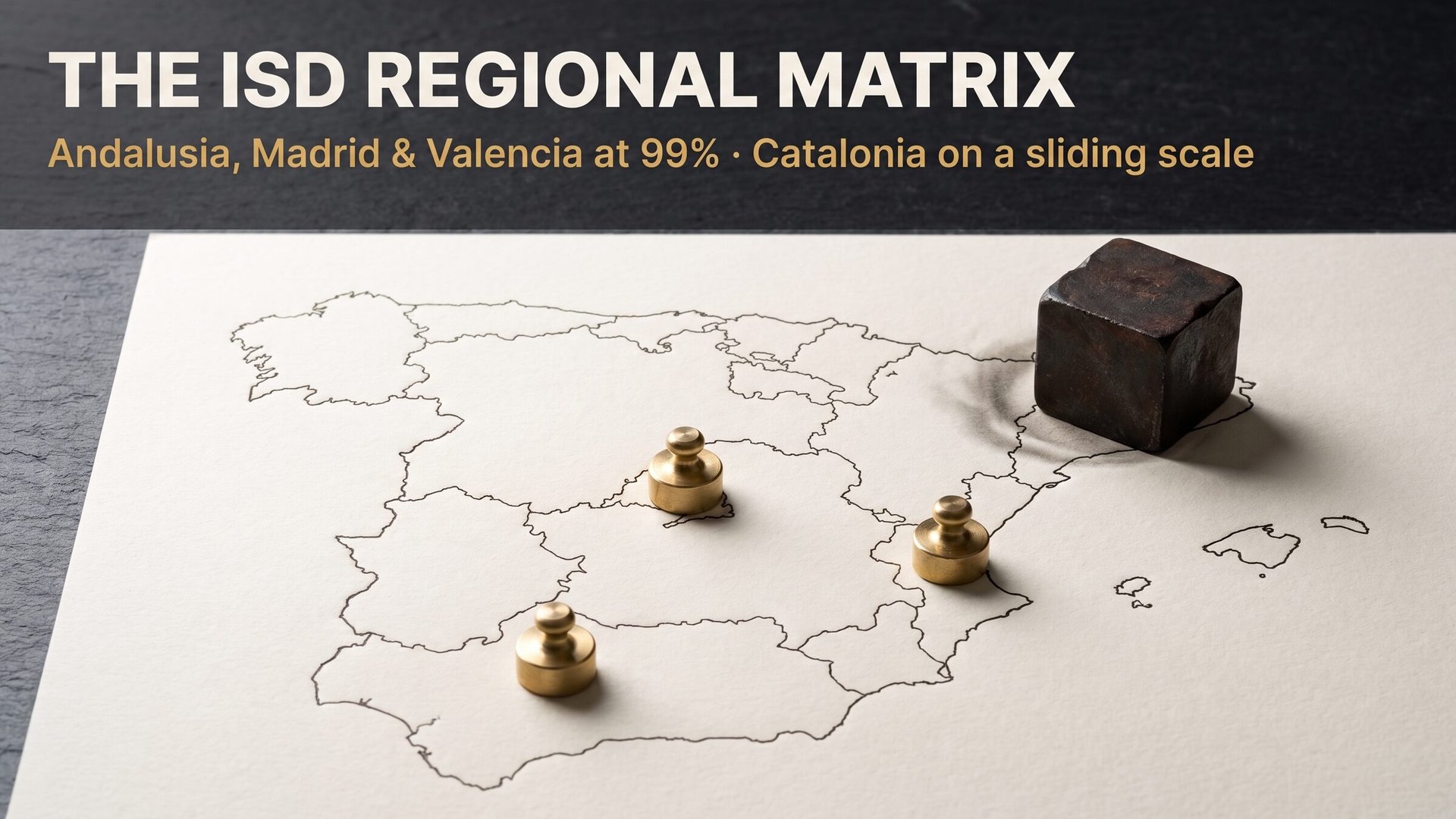 An engraved map of Spain on cream paper with light brass weights on the south, centre and east and a heavy oxidised iron block on the northeast