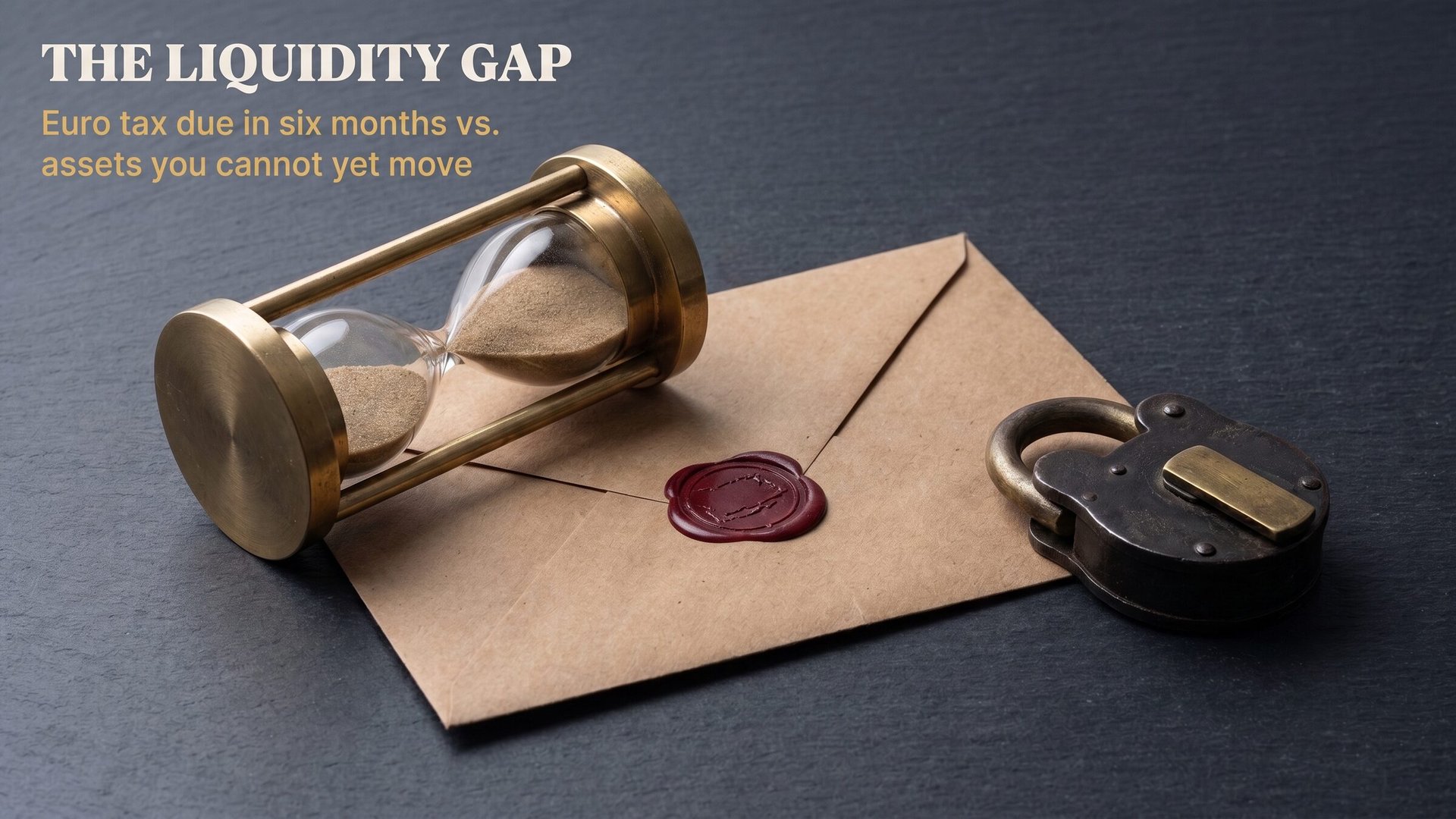 An oxblood stamp on kraft paper beside a solid brass hourglass and a locked iron padlock on a dark slate surface