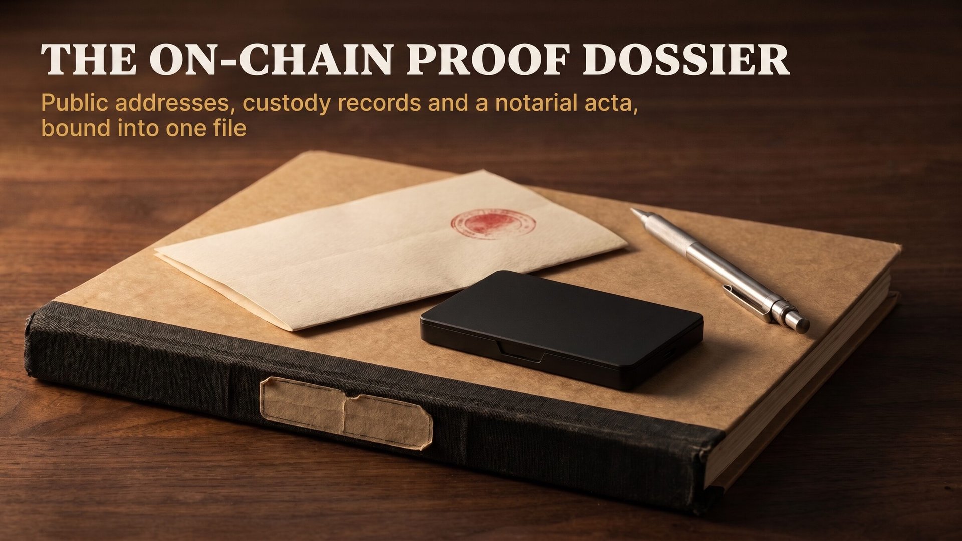 A bound kraft-paper dossier with a black cloth spine, a matte black hardware wallet and a folded sheet stamped with a red circular mark on a dark walnut desk