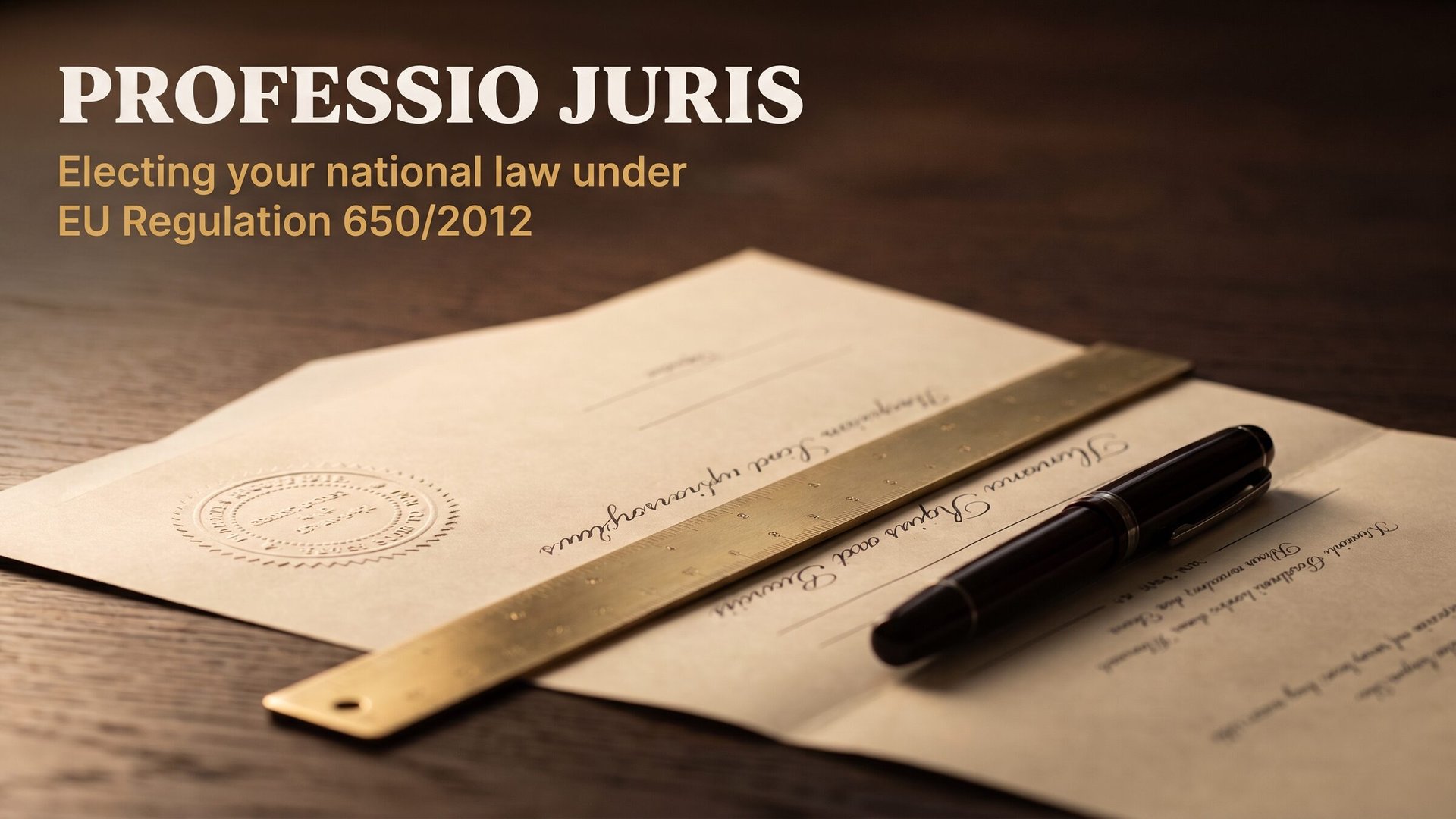A cream notarial document with a raised dry seal and a brass ruler underlining a single line of unreadable script on a dark oak desk