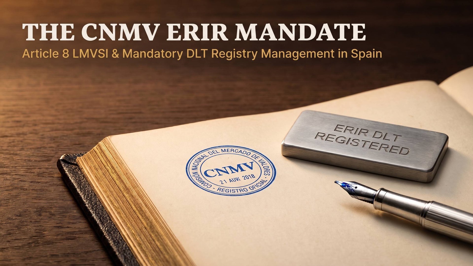 An official CNMV registration stamp resting on a DLT node architecture flow chart over a dark walnut desk