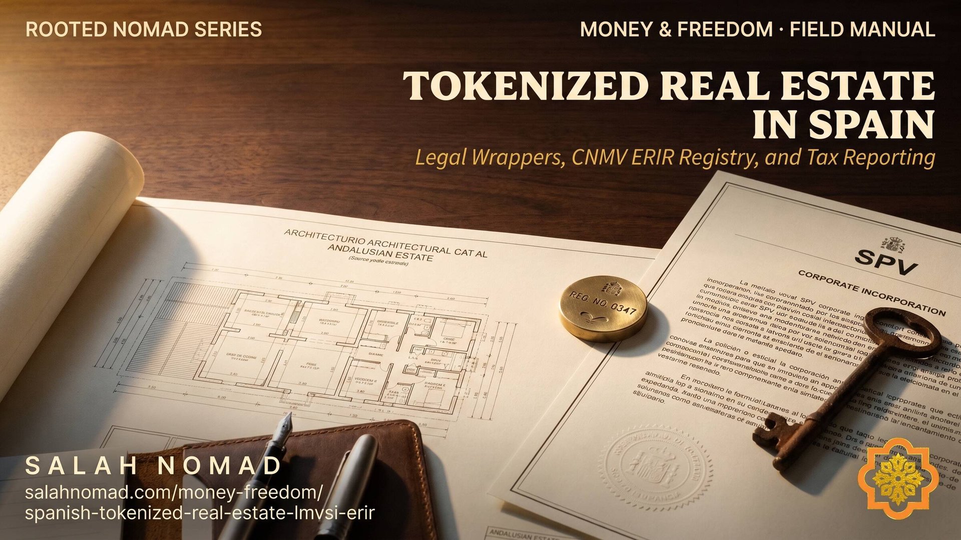An architectural blueprint of a Spanish estate on honed granite slate, beside a heavy unpolished brass token and an official CNMV registration document.