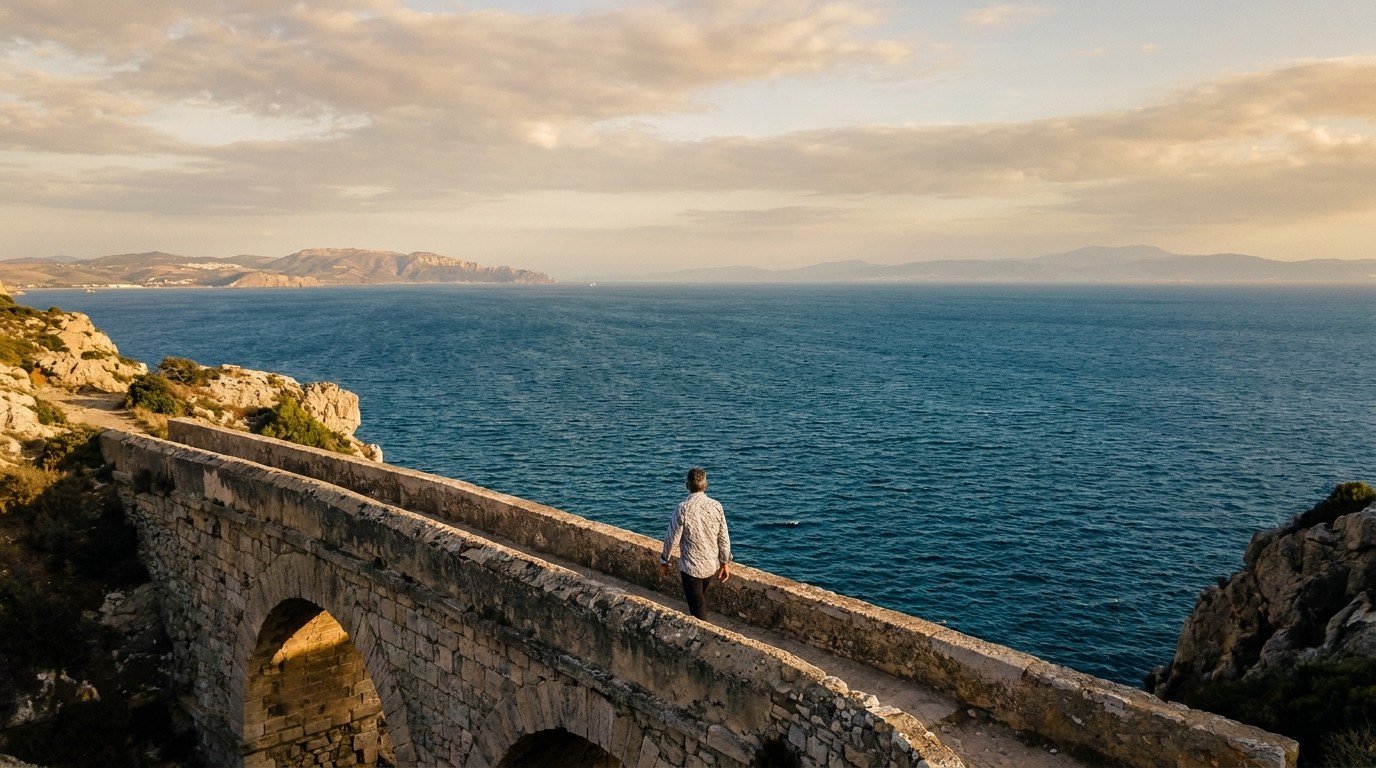 An ancient stone bridge over the Strait of Gibraltar, no toll booths, no barriers — a tiny figure wearing a zebra-striped shirt crossing freely, the author's visual signature