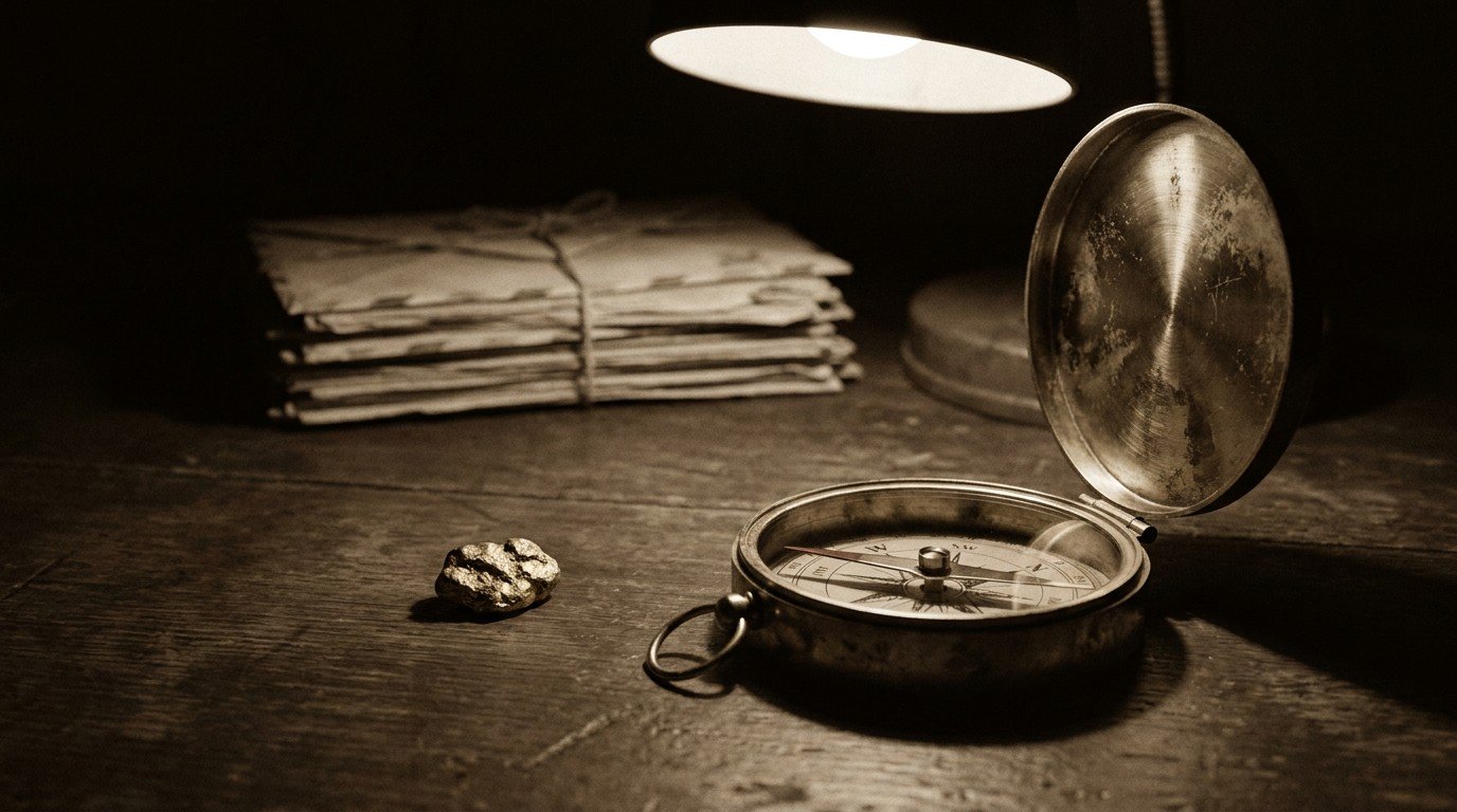 A brass compass on a dark wooden desk, its needle deflected toward a gold nugget — the compass of trust being magnetized by money