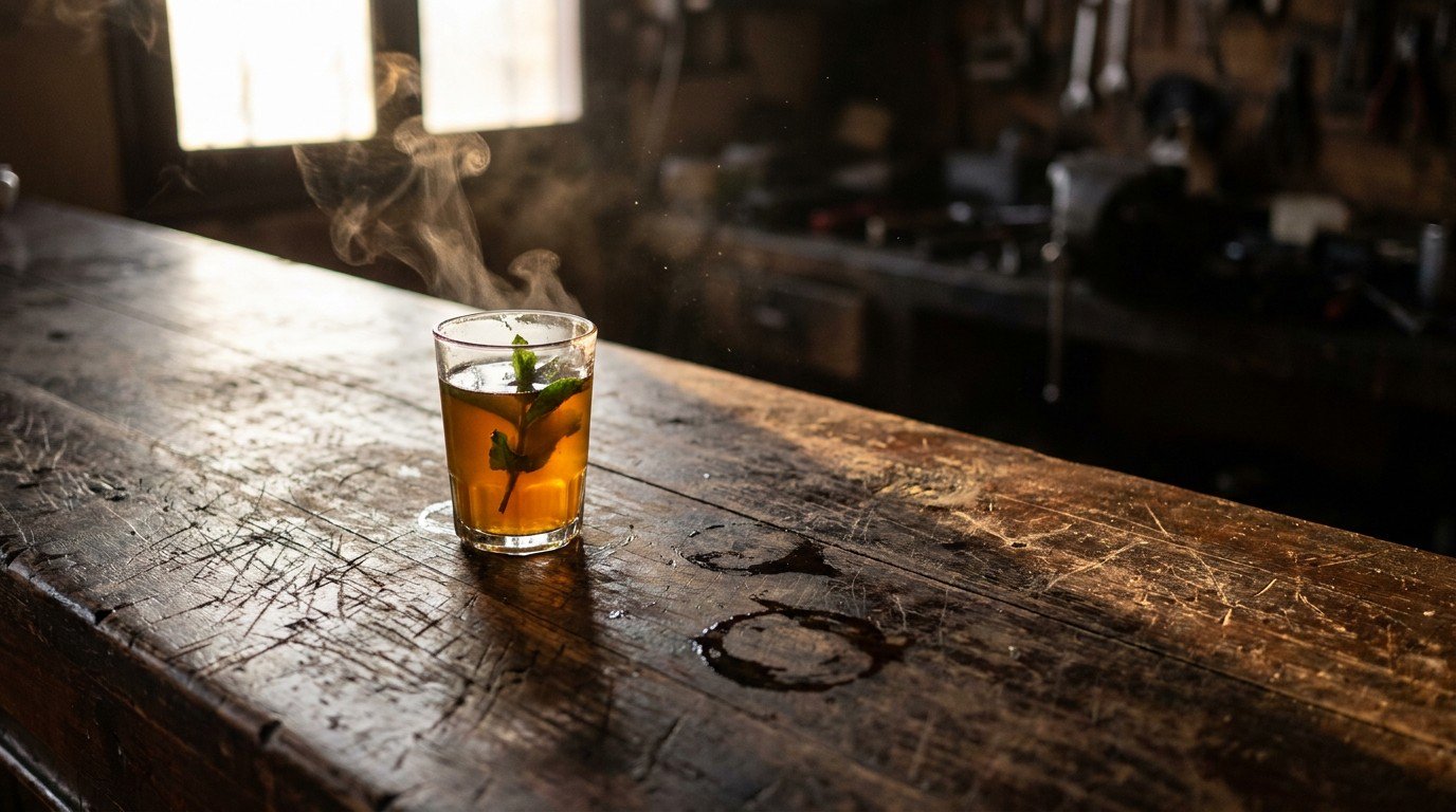 A single glass of mint tea on a worn wooden counter at dawn, no money in sight — trust as the only currency