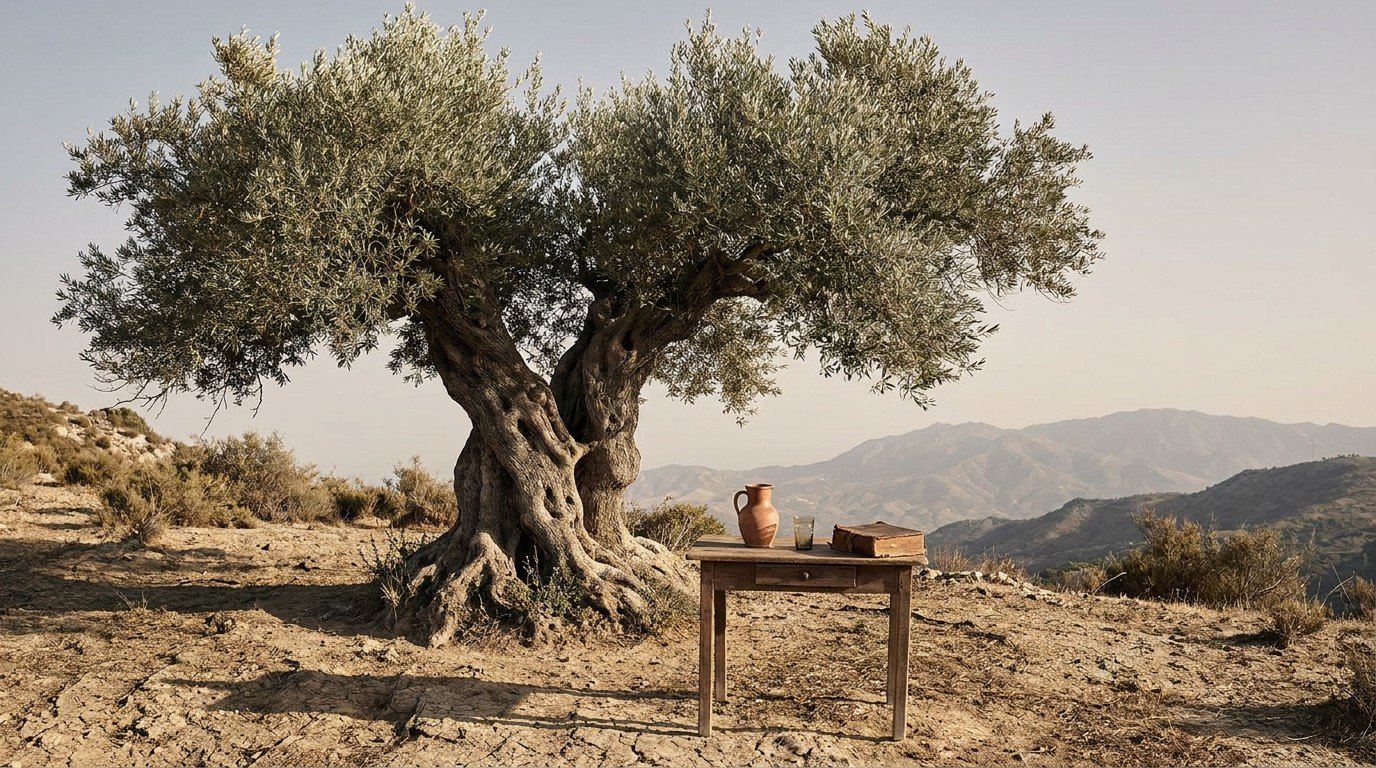 A solitary ancient olive tree casting generous shade on a hillside in the Axarquía region, east of Málaga, with a rustic table beneath — the olive grove economy