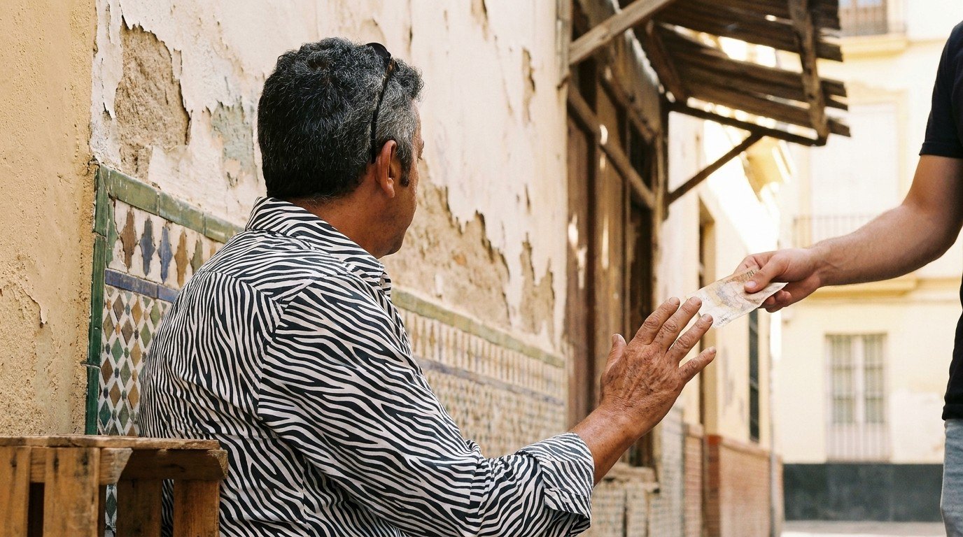 An elderly Andalusian man in Málaga's old town gently refusing a banknote, palm turned down in dignified refusal — the gesture that taught the author the arithmetic of trust