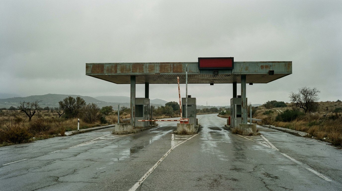 A barren highway toll booth in a dry Spanish landscape, barrier down, the word TOLL in red — a metaphor for commissions that block trust and charge the traveler