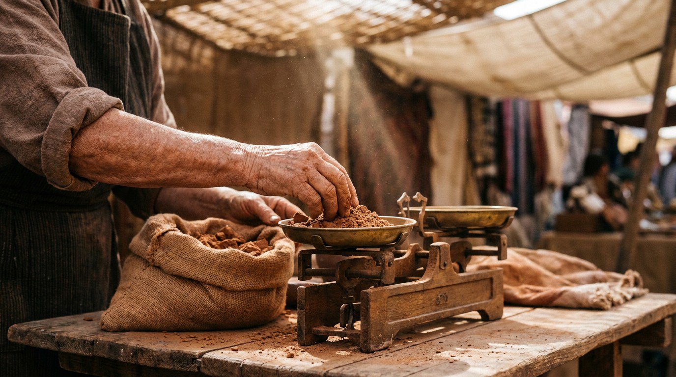 The weathered hands of an elderly North African woman weighing clay on an antique wooden balance scale, a burlap sack open beside her, fine clay dust suspended in a shaft of warm filtered light coming through a market canopy.