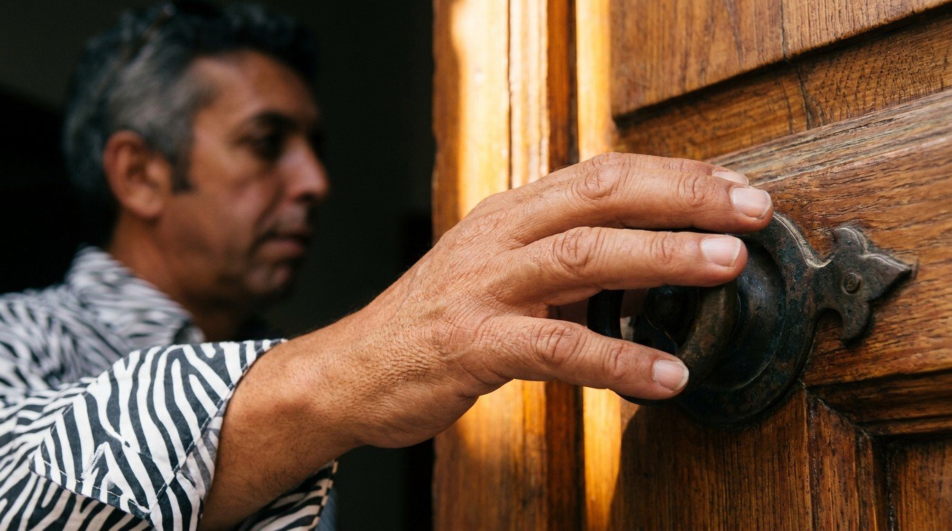 Salah Nomad's weathered hand resting on an antique wrought-iron doorknob of a half-open wooden door, a single shaft of warm amber light pouring through the crack, the blurred silhouette of his profile with salt-and-pepper hair and zebra-striped shirt visible in the background.