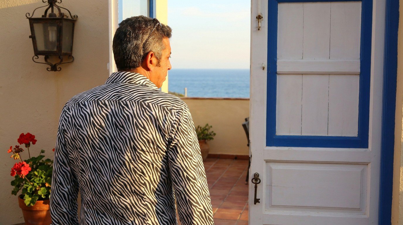 Salah Nomad seen from behind in his zebra-striped shirt crossing the threshold of a half-open white and blue wooden door in an Andalusian patio, a single old key turned in the lock, a glimpse of the Mediterranean Sea in the distance through the doorway, low golden light of a Sunday afternoon.